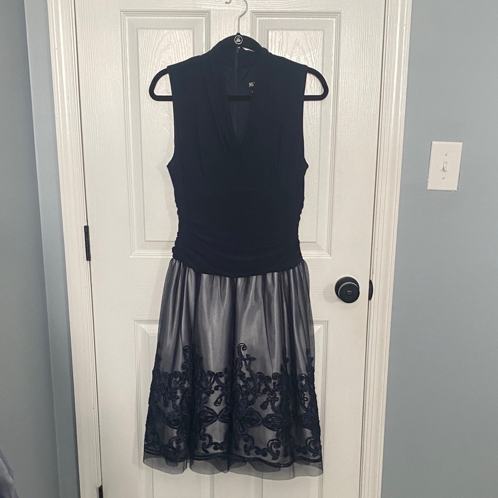 SLNY Navy and Silver Sleeveless Cocktail Dress with Embroidered Tulle Skirt